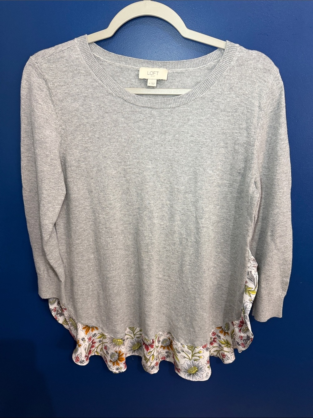 LOFT Light Gray Sweater with Floral Ruffle Hem Trim